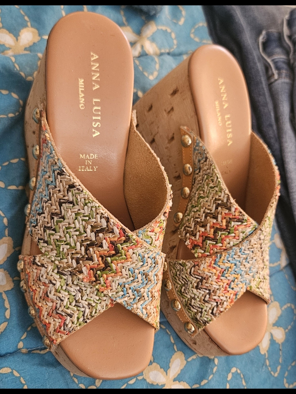Multicolor  "Capri" Wedge Woven Cork Wedge Sandals 7